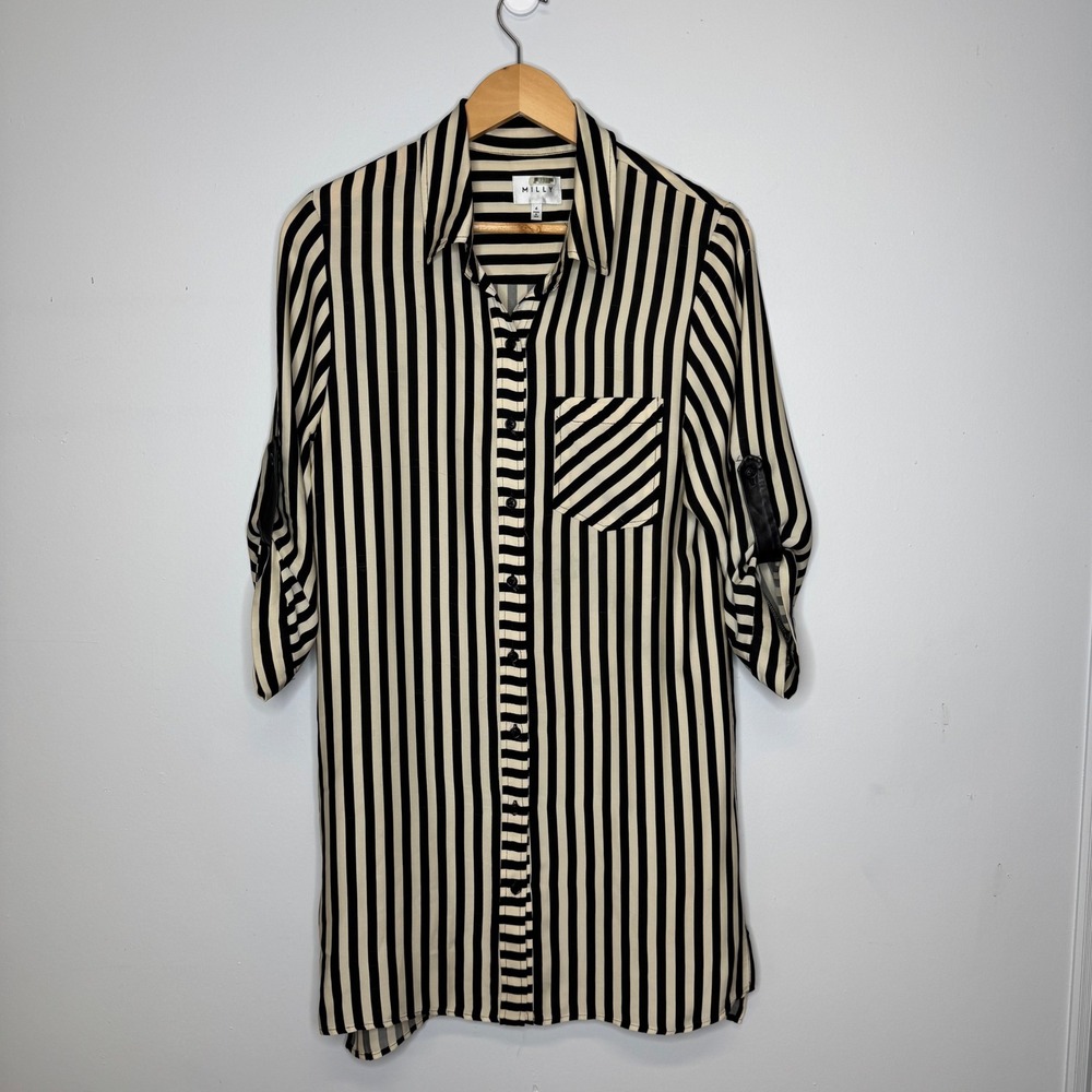 Milly Womens Black Cream Striped Roll Tab Sleeve Button Down Tunic Shirt Size 4